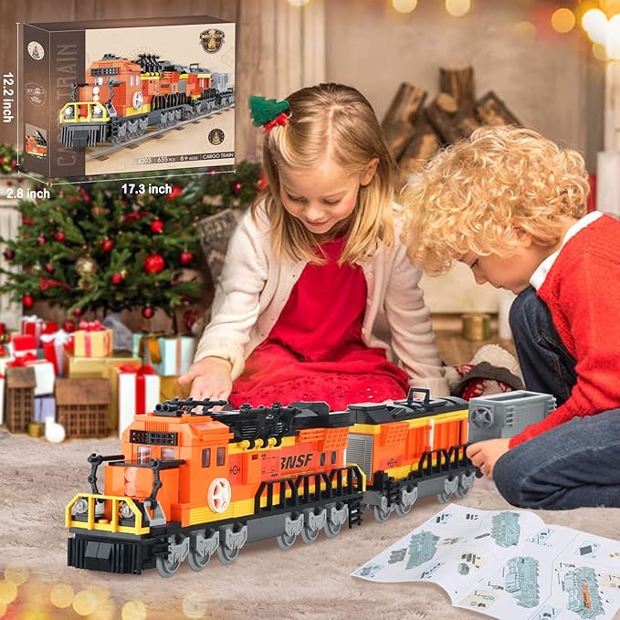 BRICK STORY City Cargo Train Building Set, BNSF Freight Trains Model, Steam Locomotive Blocks Toys, Gift for Boys Kids Aged 8-14, 635 Pieces