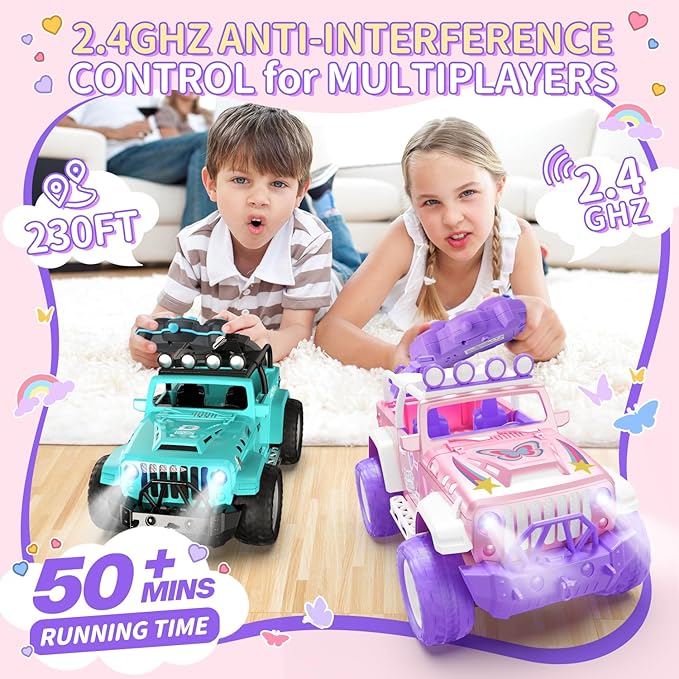 DEERC Pink Remote Control Car for Girls with Fog Mist & Music, 1:16 RC Car with LED Lights for Kids, 2.4Ghz All Terrain SUV Truck Gifts, Off-Road Racing Vehicle Toy Car, Girls Toys