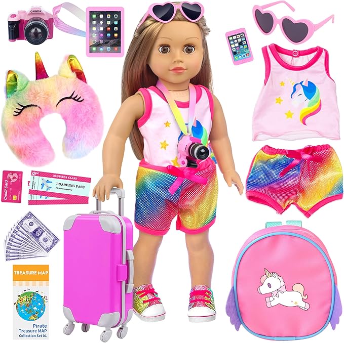 ZITA ELEMENT 24 Pcs 18 Inch Girl Doll Accessories Suitcase Luggage Travel Set Including 18 Inch Doll Clothes Luggage Pillow Blindfold Sunglasses Camera Computer Cell Phone Ipad and Other Stuff