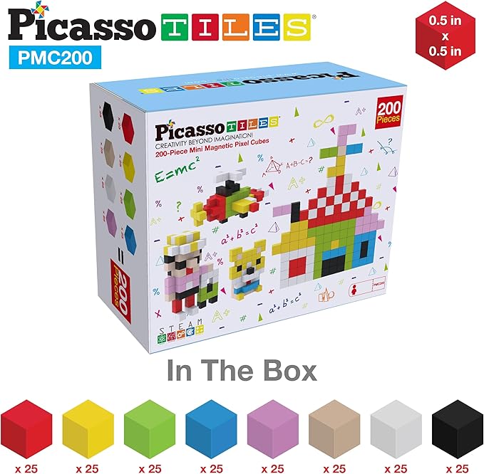 Picasso Cubes 0.5” Pixel Magnetic Puzzle Cube 200 Piece Mix & Match Sensory Toys STEAM Education Learning Building Block Magnets Children Construction Toy Set Stacking Magnet Creative Kit PMC200
