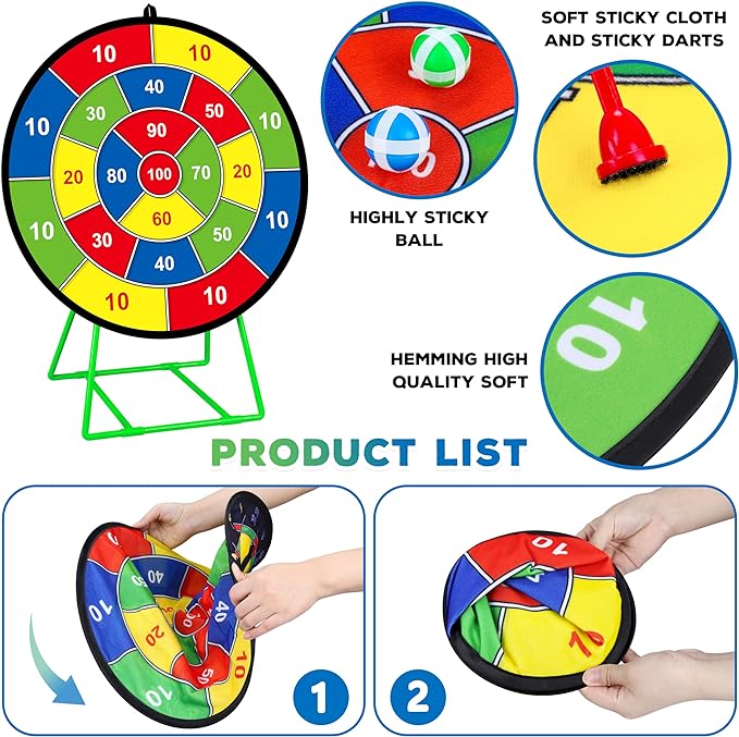 Large Dart Board for Kids, Kids Double-Sided Dart Board with Sticky Balls and Darts, Indoor/Outdoor Sport Fun Party Play Game Toys, Gifts for 3 4 5 6 7 8 9 10 11 12 Year Old Boys Girls
