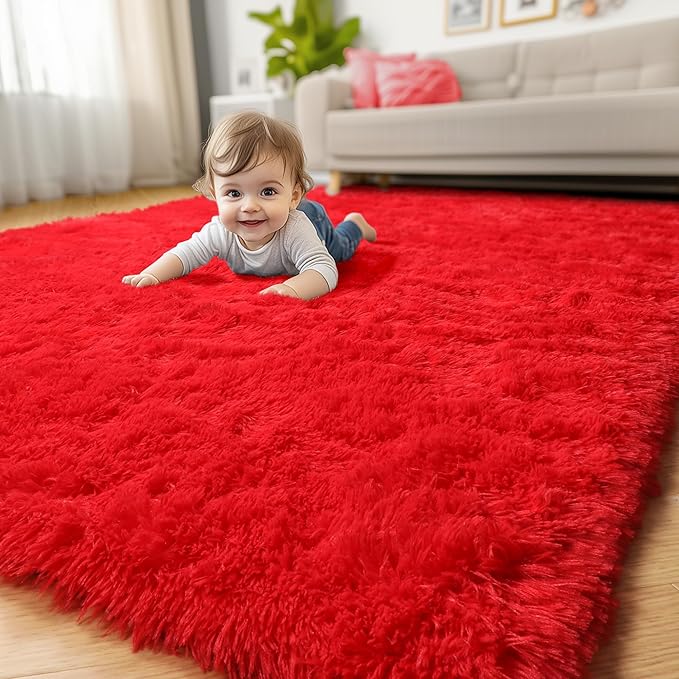 Amdrebio Red Area Rugs for Living Room Bedroom Decor, Red Carpet, Christmas Rug 5x8, Fluffy Shaggy Fuzzy Furry Throw Rugs for Kids Room Dorm Nursery Classroom, Shag Plush Rug for Teen Boys Playroom