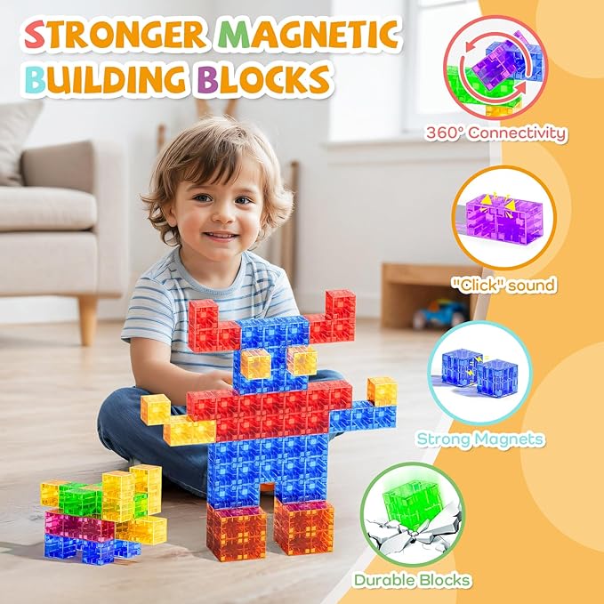 56PCS Magnetic Blocks, Transparent Magnetic Cubes, Magnet Building Blocks for Toddlers 3+, Montessori Toys, Preschool STEM Educational Sensory Magnet Toys for Kids Ages 3-5 Year Old Boys and Girls