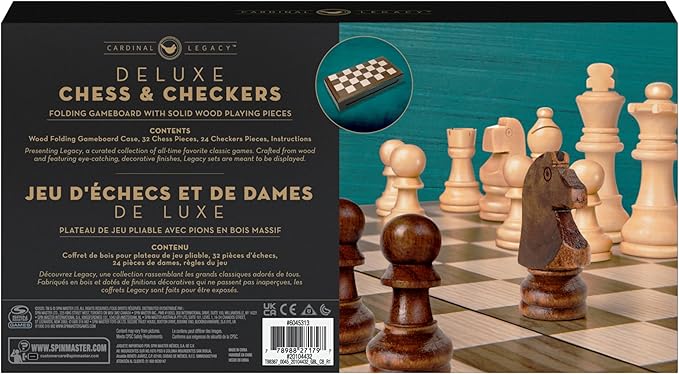 Legacy Deluxe Chess & Checkers Set, Classic Two Player Game Includes Folding Board with Solid Wood Playing Pieces, for Kids and Adults Ages 8 and up
