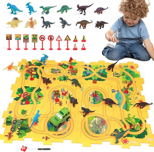 Puzzle Track Car Play Set with 12 Dinosaur Figures, Plastic Railcar Floor Puzzles for Kids Ages 3-5 with Vehicles, Toys Gifts for 3 4 5 6 Year Old Boys
