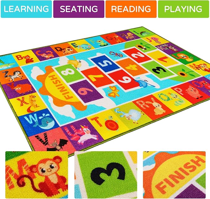 Classroom Carpet Kids Rug,59''X78.7'' ABC Alphabet Animals Hopscotch Rug,Non-Slip Educational Kids Rugs for Playroom,Washable Numbers Learning Classroom Rug for Playroom Kids Room Nursery