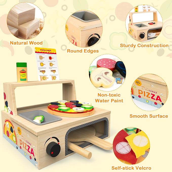Wooden Pizza Toy - 48 PCS Montessori Pretend Play Food for Ages 3+, Educational Learning Toy Wooden Playset with Bake Oven, Christmas Birthday Gift for 3 4 5 6 Year Old