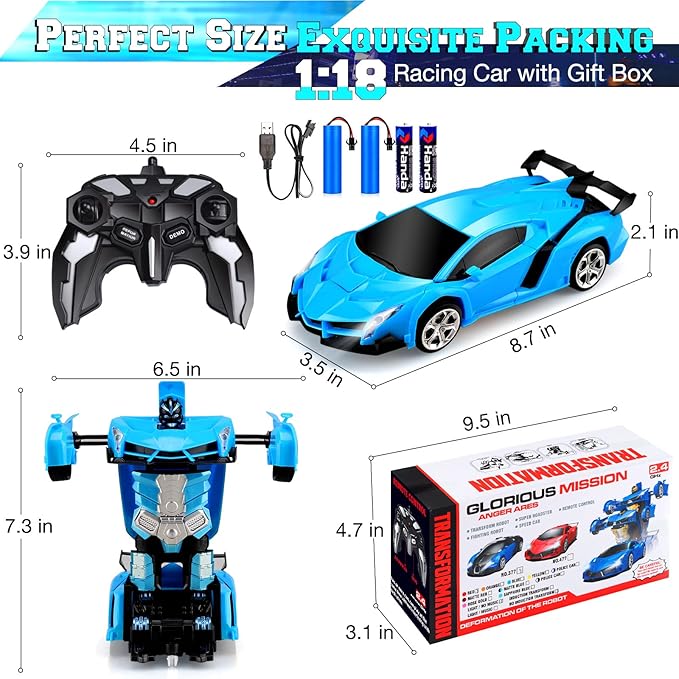 Remote Control Car Toys - Transforming RC Cars for Kids & Boys Toys - One Button Transformation and 360 Degree Rotating Drifting - Gifts for Boys and Girls (Blue)