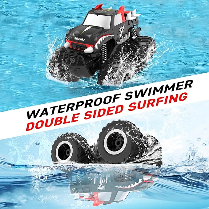 1/16 Remote Control Monster Truck : 4x4 Off Road Waterproof Rc Jeep Combines Amphibious and All Terrain Traversal, Birthday Gift for Boys & Girl Ages 6-12 (Red Pickup)