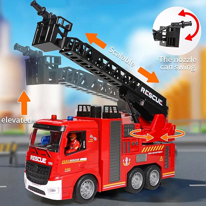 Fire Truck Toy for Toddlers Kids Boys Ages 3-8 Years Old,Remote Control Fire Truck with Lights,Siren Sound,Working Water Spray and Rotating Rescue Ladder,Firetruck Engine Gifts for Little Fireman 8-12