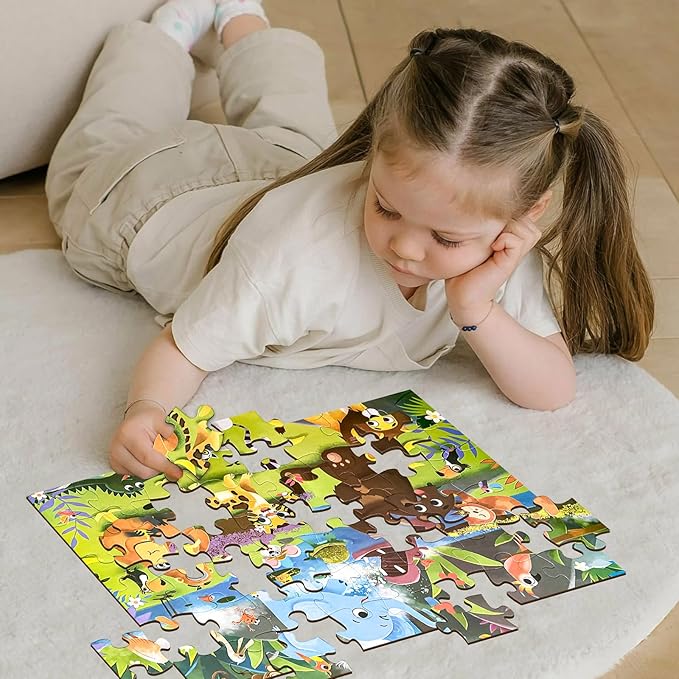 Jumbo Floor Puzzle for Kids, Dinosaur Puzzle for Kids Ages 4-8, 48pcs Jigsaw Puzzle for Toddlers 3-5 Year Old, Preschool Learning & Education Toys, Great Gift for Children(Jungle Animals)