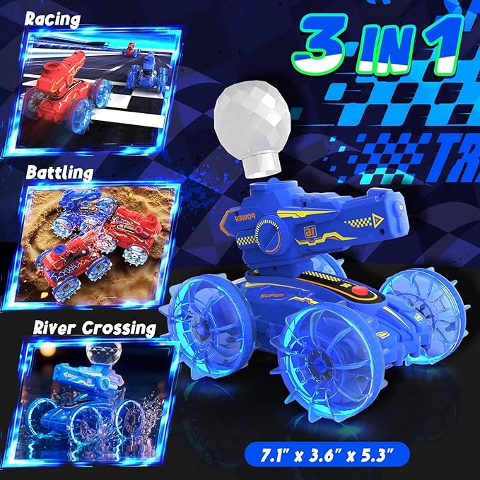 4-in-1 Waterproof Remote Control Car with Water Gun, Pool Toys for Kids age 4-8 8-12, Amphibious RC Cars & RC Boat, Water & Land RC Stunt Car, Summer Outdoor Play Toy for Boy Girl Age 3+ Birthday Gift