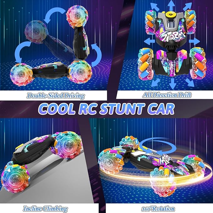 Gesture Sensing RC Stunt Car, 2.4G Remote Control Car Toys for Boys Ages 4-7 8-12, 4WD RC Drift Cars with Lights Music Spray, 360° Spins All Terrains Kids Toy Birthday Gift for 3-12 Year Old Kids
