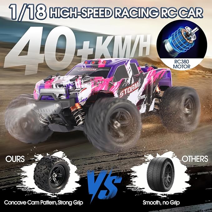 1:18 Scale RC Cars for Adults and Boys, 40KM/H Fast RC Cars 2.4Ghz Remote Control Car, 4X4 Off-Road Waterproof Monster RC Truck, Remote Control Truck with 2 Rechargeable Batteries and 2 Shells