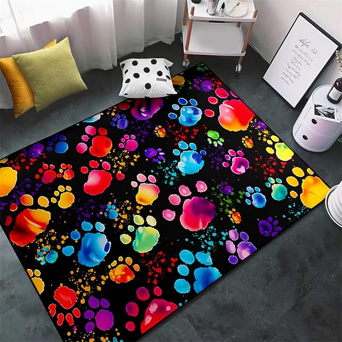 Paw Print Rug - Cute Colorful Dog Cat Paw Print Rugs Cartoon Animal Claw Carpet for Kids Bedroom Cute Animal Paw Themed Decorative Carpet for Playroom Soft Decor for Classroom,4'5''×6'