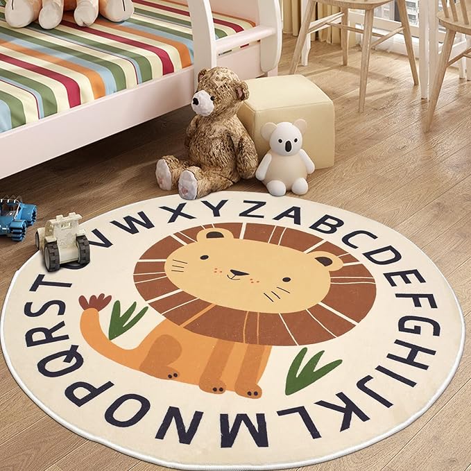 Kid Rugs Animal Play Rug 4Ft Large Round Lion Play Mat Soft Alphabet Educational Area Rug Nonslip Circle Baby Crawling Mat for Boys Girls Carpet for Kids Playroom Nursery, Sitting