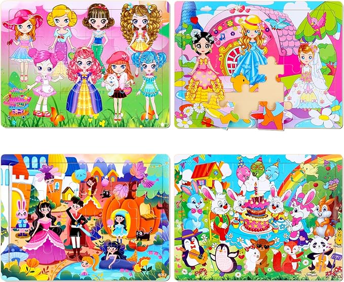 Jigsaw Puzzles for Kids Ages 2-4 Wooden Realistic Montessori Toddler Puzzles Ages 3-5 - Princess Learning Games for Boys and Girls 4-8 Year Olds 4 Packs 24 Pcs