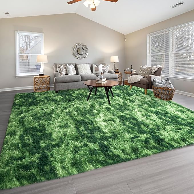 Pettop Large Shag Area Rug, 6x9 Tie-Dyed Plush Fuzzy Rugs for Living Room, Ultra Soft Shaggy Rugs for Bedroom, Non-Slip and Washable Indoor Carpet for Girls Kids Room Home Decor, Dark Green