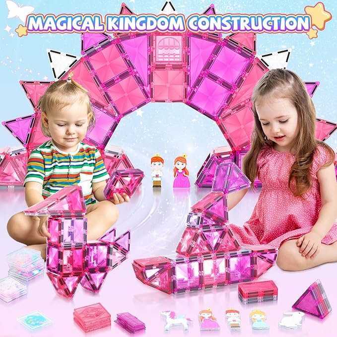 Magnetic Tiles, 101PCS Magnetic Blocks with Cars, Princess Magnet Building Tiles Construction Sets, Castle Magnet Blocks STEM Toys for Girls Kids Toddlers Ages 3 4 5 6 7 8 9+ Year Old