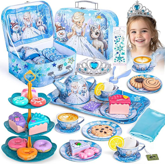 Frozen Tea Party Set for Little Girls, Princess Gift Toy, Kids Pretend Play Tin Tea Set with Teapot, Tea Cups, Food Playset & Carrying Case, Birthday for Girls Age 3+