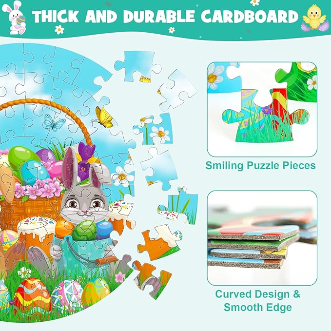 70pcs Easter Floor Puzzles for Kids Age 3-8, Easter Basket Stuffer Gifts for Kids Boy Girls Jumbo Bunny Puzzles Egg Hunt Party Favors