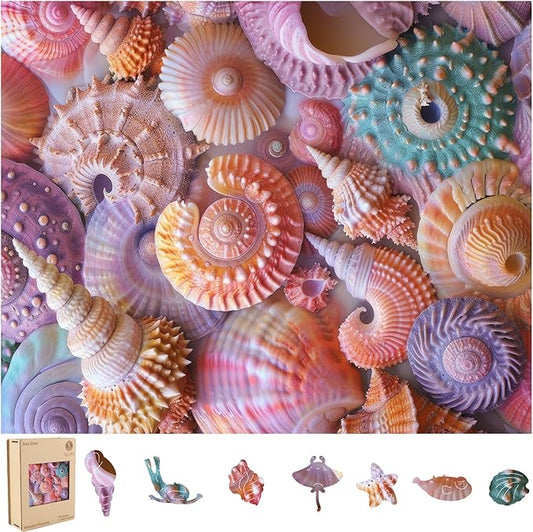 Wooden Puzzles for Adults, Sea Shell Wooden 200 Piece Puzzles for Adults,Unique Shaped Jigsaw Puzzles, Fun Challenge Brain Health Family Game Creative Gift for Friends 11.8 x 9.6in