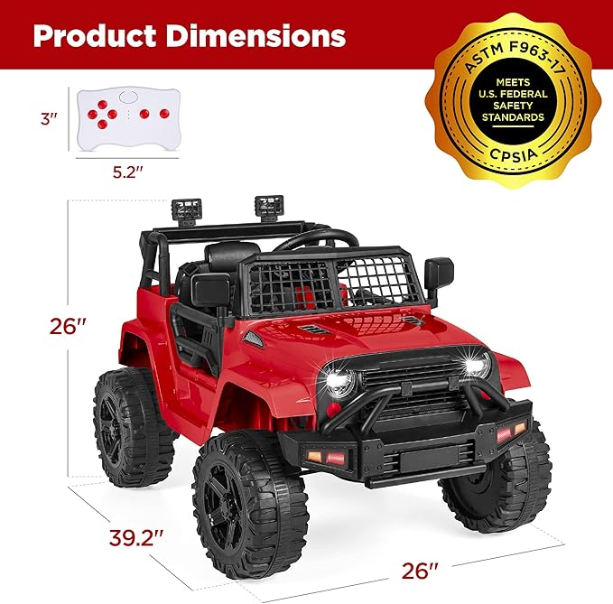 Best Choice Products 12V Kids Ride On Truck Car w/Parent Remote Control, Spring Suspension, LED Lights, AUX Port - Red