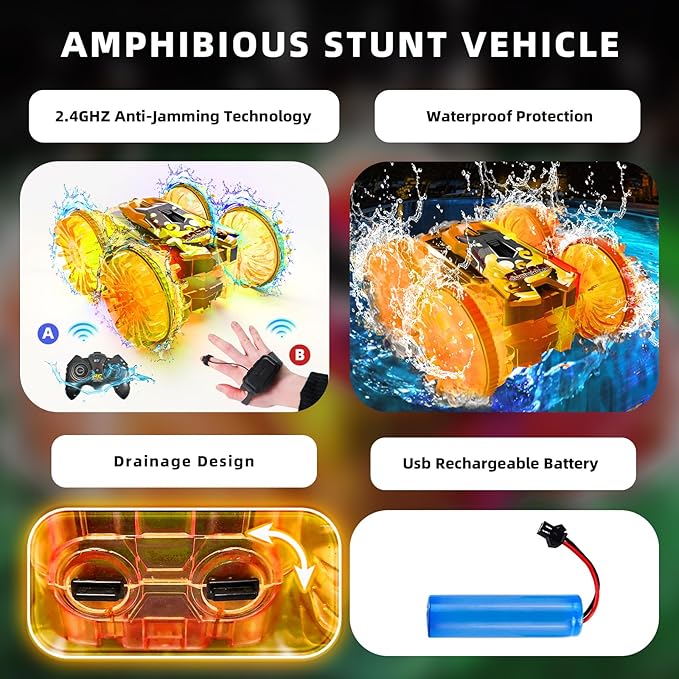 Amphibious Remote Control Car,RC Cars Toys for Kids Ages 6-12,Double-Sided Driving 360° Flips Rotating Car Toy RC Gesture Stunt Boat with LED Lights,Water Beach Pool Toys for Boys Girls (Orange)