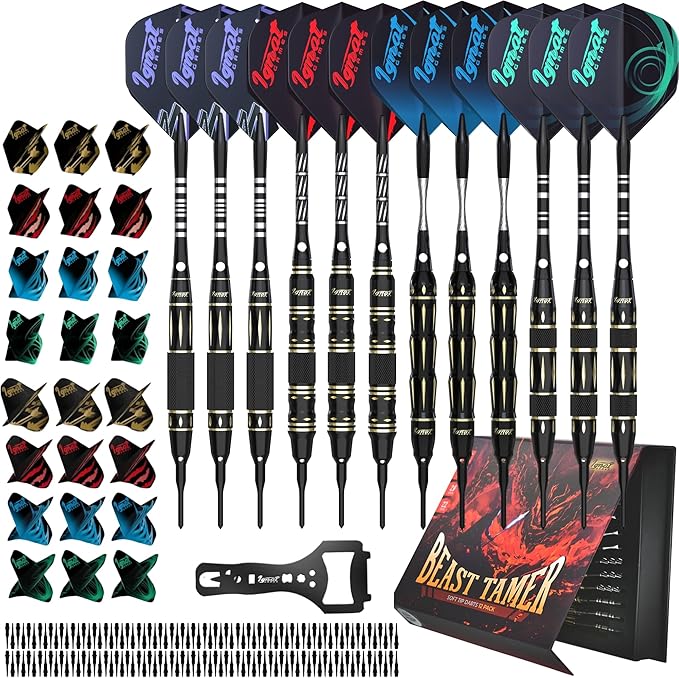 IgnatGames Darts Plastic Tip Sets - 6/12 Pack Soft Tip Darts for Electronic Dartboard with Brass Barels and Aluminum Shafts - 100 Extra Tips and 16 Flights, Wrench & Innovative Case