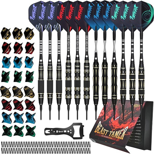 IgnatGames Darts Plastic Tip Sets - 6/12 Pack Soft Tip Darts for Electronic Dartboard with Brass Barels and Aluminum Shafts - 100 Extra Tips and 16 Flights, Wrench & Innovative Case