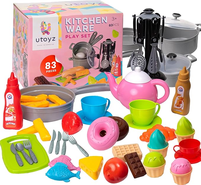 uToyz Kitchenware Playset – 83pcs Toddler Play Food Sets for Kids Kitchen Playset, Mini Toddler Cooking Set with Play Kitchen Accessories & Toy Food, Cooking Toys with Toy Pots & Pans for Kids Ages 3+