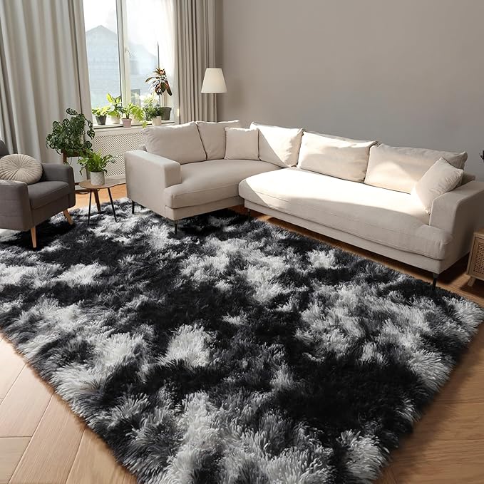 PAGISOFE Black White Grey Area Rugs for Living Room Bedroom Aesthetic, 8x10 Rug, Shag Fuzzy Fluffy Rug for Kids Room, Playroom, Classroom Dorm, Shaggy Soft Carpet, Plush Bedside Rugs, Modern Cool Rugs