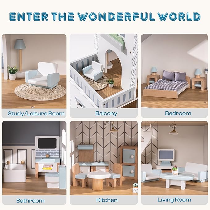 ROBUD Doll House, Wooden Dollhouse with 6 Rooms, 29-pcs Realistic Accessories, Dollhouse Playset for 4-6 Inch Dolls, Gifts for Kids & Toddlers, Nordic Style, Ages 3+