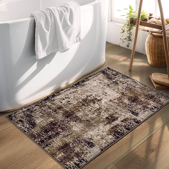 Entrance Rugs Indoor 2x3 Brown Entry Rug Washable Abstract Coffee Small Area Rug Non-Slip Low Pile Throw Rugs for Entryway, Kitchen Floor, Front Door Indoor Door Mat, Bathroom, Bedroom Bedside