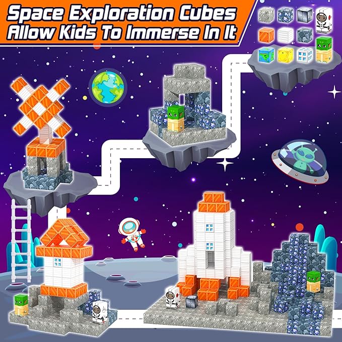 Magnetic Blocks Space Set, Build Mine Magnet World Set, Magnetic Tiles Building Toys for Boys & Girls Age 3-5 5-7, STEM Montessori Sensory Toys for Toddlers Gifts for 3+ Years Old