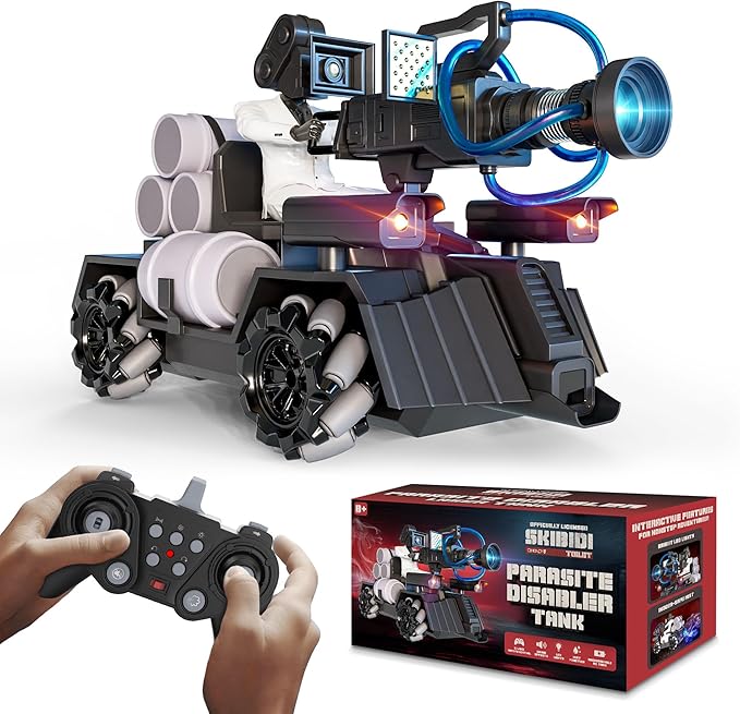 Force1 Officially Licensed Skibidi Toilet Toy Cameraman Figure PDLT Tank RC Truck- Parasite Disabler Tank Remote Control Car, Rechargeable RC Car with LED Lights, 2.4 GHz, Mist Spray, Beginner RC Cars