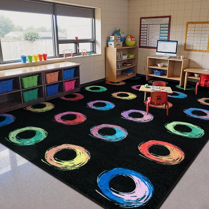 STARUIA Big Classroom Rug Educational Area Rug for Kids Room, 7.5x13 Abstract Black Carpet with Colorful Handpainted Circles, Stain-Resistant High-Traffic Kids Playroom Rugs for Elementary