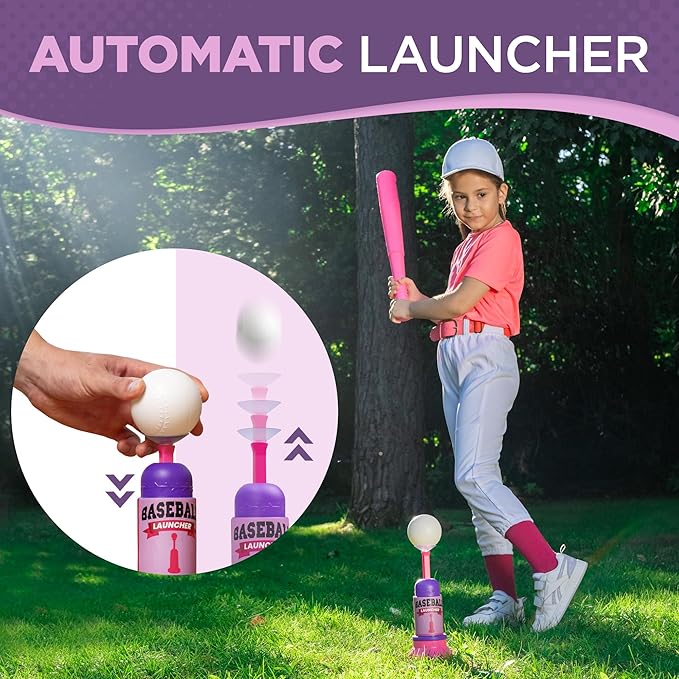 T Ball Stand for Kids and Toddlers 1-3, 3-5, 5-8. Baseball Set Includes 6 Large Balls, an Adjustable Tball Batting Tee, and a Pitching Machine. Kids Bat and T-Ball Set