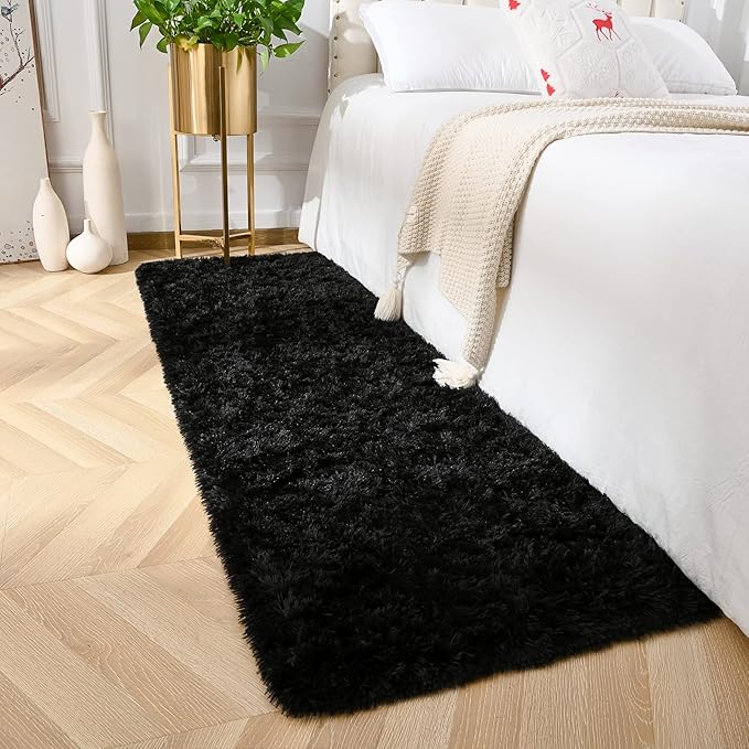 Amearea Shag Fluffy Area Rug for Bedroom Girls Living Room, Extra Soft and Fuzzy Shaggy Rugs, Non Slip, Solid Color Carpet Mat for Boys Nursery Home, Black 2x6 Feet