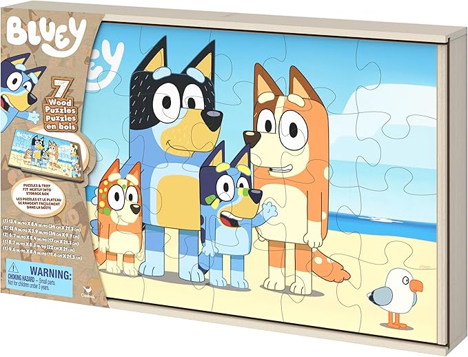 Spin Master Games, Bluey Puzzles 7-Pack, Wooden Jigsaw Puzzles for Preschoolers, 12, 16, & 24 Pieces, Storage Tray, Bluey Toys, Easter Basket Stuffers, for Ages 4 & Up
