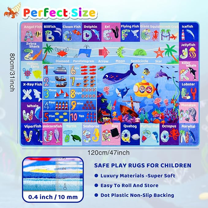 ABC Kids Rug for Playroom 47"×31.5" Ocean Playmat Baby Play Mat Alphabet Mat Sea Animal Number Shape Classroom Rug Kids Playroom Carpet Early Learning Carpet for Preschool Toddlers