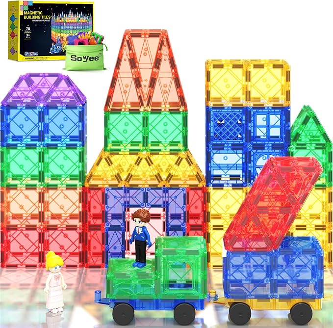 Magnetic Tiles with 2 Cars Kids Gifts Boys Toys for 3 Year Old Boys Educational Toys for Toddlers Kids Age 3-5 4-8 Car Train Building Toys