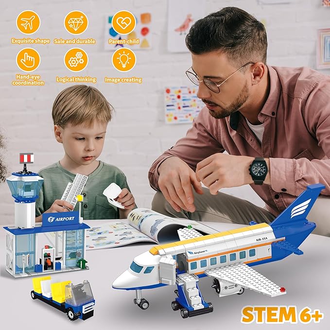 Airplane Set Building Toys with LED Light, 3 IN 1 Plane City Passenger Building Blocks with Airport Terminal, Luggage Trailer, Aircraft, Airplane Toy Sets for Kids, Boys, Girls Age 6-12, Birthday Gift