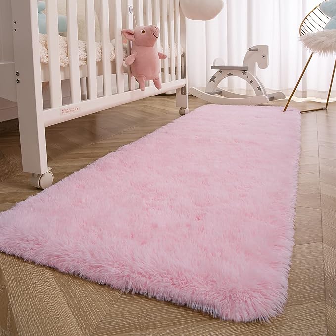 Ompaa Fluffy Runner Rugs, 2x6 Feet Pink, Super Soft Shaggy Carpet Fuzzy Long Fur Rug for Bedroom Living Room Dorm, Plush Kids Playroom Baby Girls Nursery Decor Mats