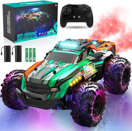 BLUEJAY Remote Control Car, 1:16 All Terrain High Speed RC Cars Truck for Boy, Rechargeable Monster RC Truck with Colorful LED Lights & Spray, RC Cars Toys Gifts for Adults Kids Boys Girls 4-7 8-12