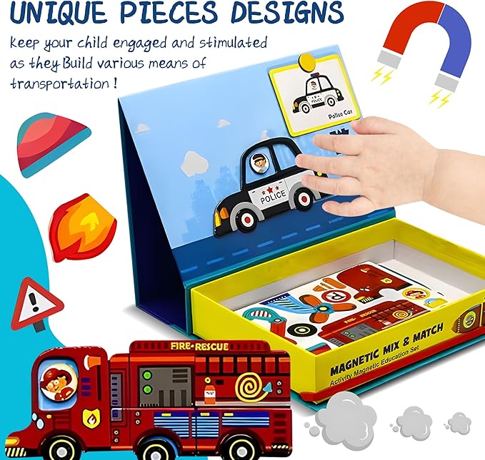 Magnetic Puzzles for Kids Ages 4-8 - 71 PC Educational Vehicle Magnetic Book, Dress-Up Game & Preschool Toddler Learning Activities, Travel-Friendly STEM Toy, Fridge Magnets for Toddlers Ages 1-3 3-12