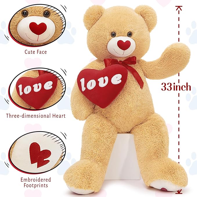 MorisMos Giant Teddy Bear Stuffed Animal, Red Love Heart Large Bear Plush for Girlfriend, Soft Bear Gift for Boyfriend Kids, 33inch