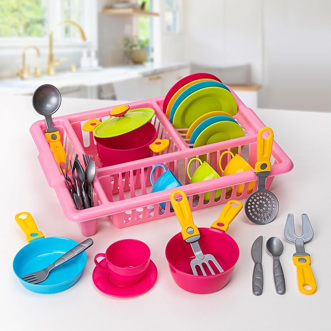 Play Dishes for Kids Kitchen | Pretend Play Kitchen Dishes Set with Drainer | Pretend Dishes Cookware Set | Fun and Colorful Toy Dishes Kit | Childrens Durable Tableware Playset (33 Pcs - Pink)