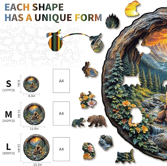 Wooden Puzzles for Adults, 3D Visual Effect Brown Bear Embrace Wooden Jigsaw Puzzle Kids,Unique Shape Wood Puzzle Adult,Puzzle for Adults,Birthday Gifts Family Games (L-13.4 * 13.1 in-309pcs)