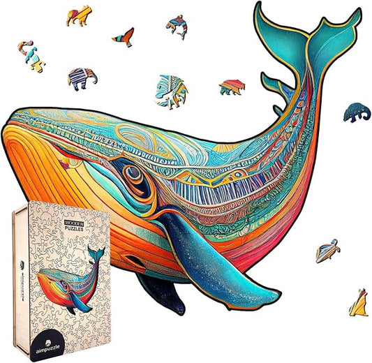 Wooden Puzzles for Adults, Whale Unique Shaped Wooden Jigsaw Puzzle, Ocean Animals Wood Cut Puzzles, Birthday Holiday, 107 Pieces, 7.28"x8.46"